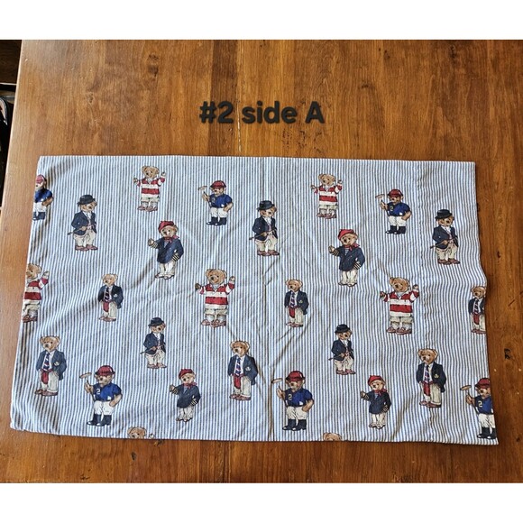 VTG Ralph Lauren Polo Bear Blue White Ticking Stripe Pillowcase X2  100% cotton - Picture 6 of 8